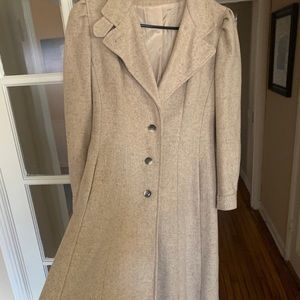 Cream Wool-Blend Long Pea Coat with Notched Collar
